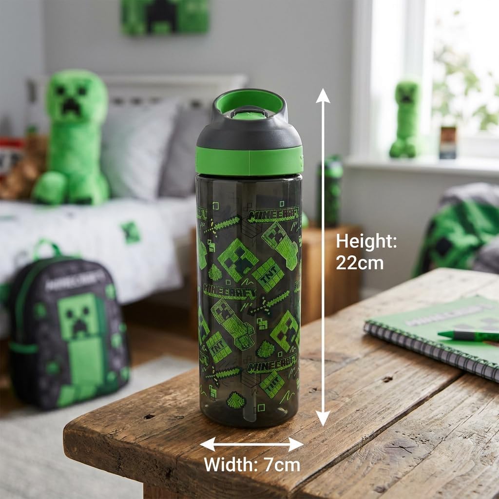 HOX Minecraft Creeper 600ml Drinks Bottle Eco Friendly School Water Bottle + Removable straw, Leak Proof BPA-free Plastic Gift for Minecraft fan - Officially licensed Merchandise