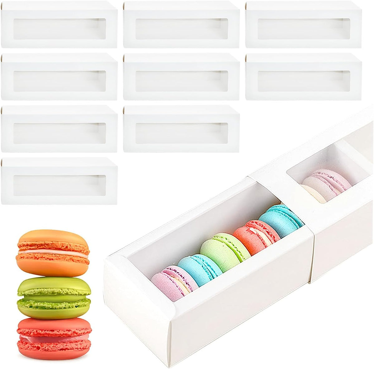 10 Pcs Macaron Boxes with Window, White Macaroons Box for Packaging 5 to 7 Macarons, Small Bakery Box Container for Chocolates, Biscuits, Truffles and Desserts