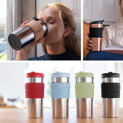 Bodum Travel Mug Vacuum Insulated Travel Cup, 350ml / 12oz Double-Wall Stainless-Steel Coffee Mug with Flip-Top Lid and Non-Slip Silicone Grip, Black, 11068-01