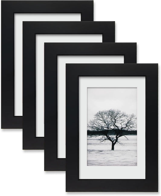EGOFINE 6x4 Photo Frames, 100% Solid Wood Frames with Plexiglass Set of 4,Matted for 3.5x5/4x6 inch Picture, 6x4 Picture Frame for Tabletop and Wall Mounting,10x15cm Small frame,Black