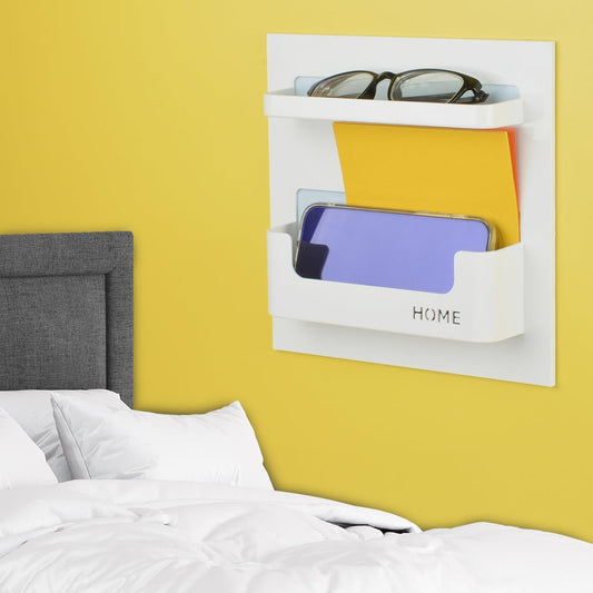 Bedside Shelf - Stick On Wall Mounted Bed Room,Dorm,Office Adhesive Floating Caddy Organizer/Holder for Phone,Glasses,Remote Control,Keys,Pens - Plastic Material- White(Type A