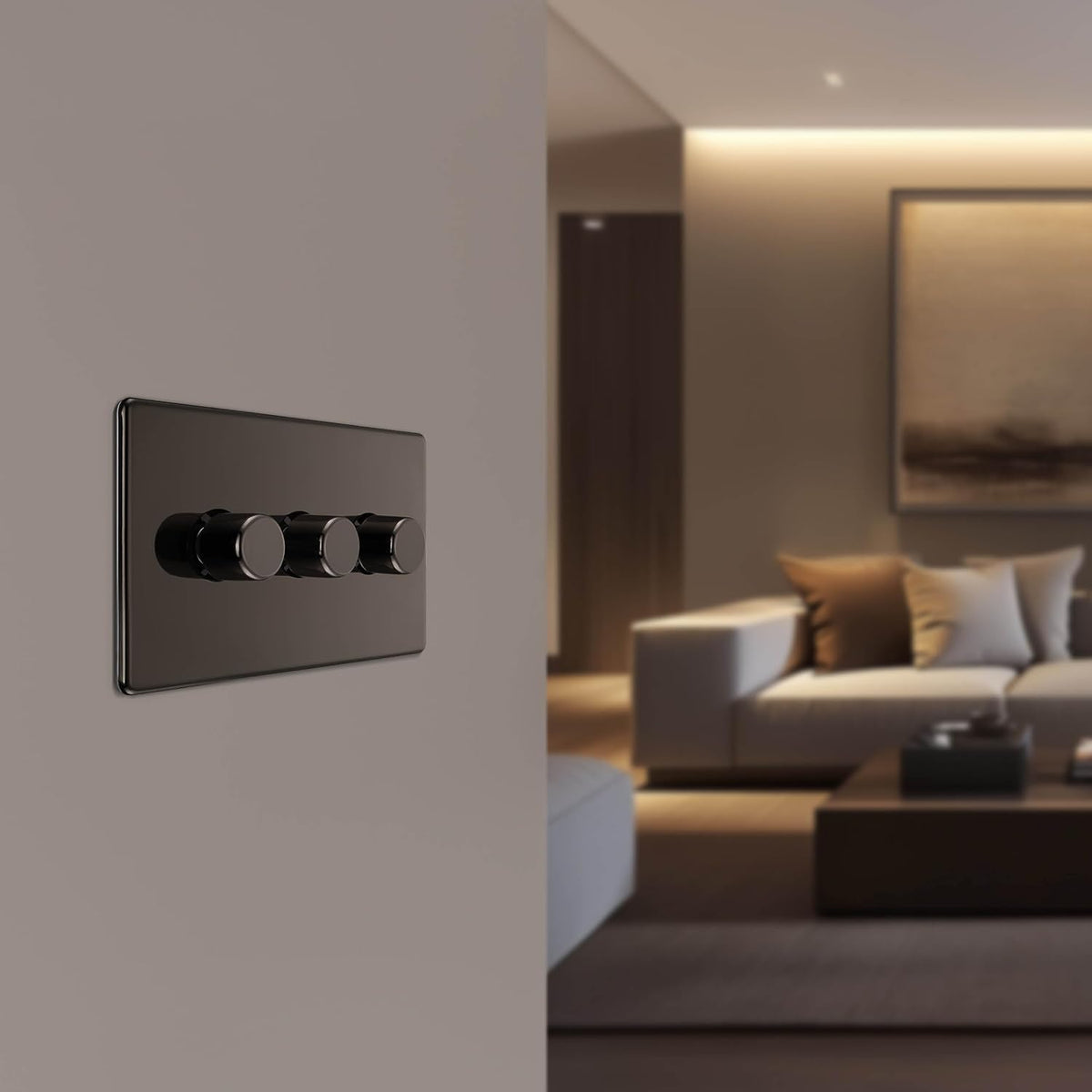 BG Electrical Intelligent Triple Wall Dimmer Switch, 2 Way, Screwless Front Plate, Premium Flatplate, Black Nickel, 200W, FBN83