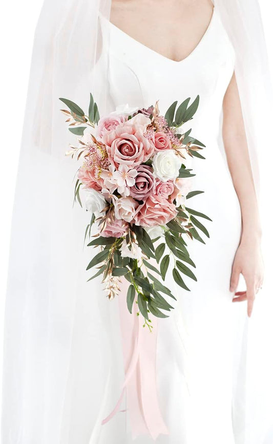 Ansofi 9" Dusty Rose Wedding Bouquets for Bride, Cascading Bridal Bouquet for Bride Artificial Silk Roses Flowers Tossing Bouquet for Wedding Ceremony Decor