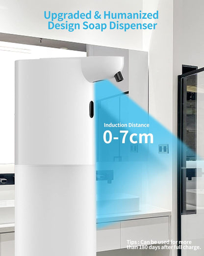 Automatic Soap Dispenser & 400 ML Rechargeable Non-Touch with 4 Adjustable Foam Quantity for Wall Mounting with Infrared Motion Sensor - Automatic Cleaning, White