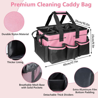 Cleaning Caddy with Handle, Professional Cleaning Bag with Detachable Divide, Adjustable Shoulder Strap & Waist Belt, Large Cleaning Caddy for Cleaning Supplies, Home, Car, Garden, Craft (Pink)