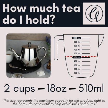 Café Olé PT-018 Premium Tea Pot, 18/10 Stainless Steel, Mirror Polished, 18oz/532ml, Stay Cool Hollow Handles, Perfect Pour Spout, Silver