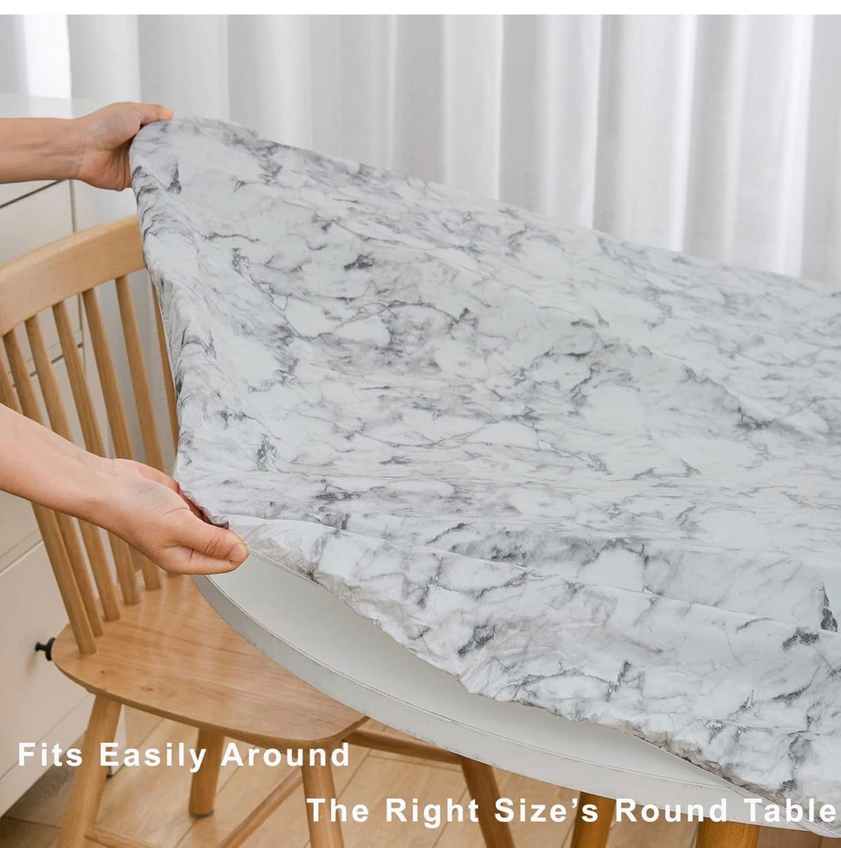 GRISHA Waterproof Round Tablecloth,Elastic Edged Fitted,Oilcloth,PVC,Wipeable,Outdoor circular plastic cover. (Grey Marble, 114x142cm)