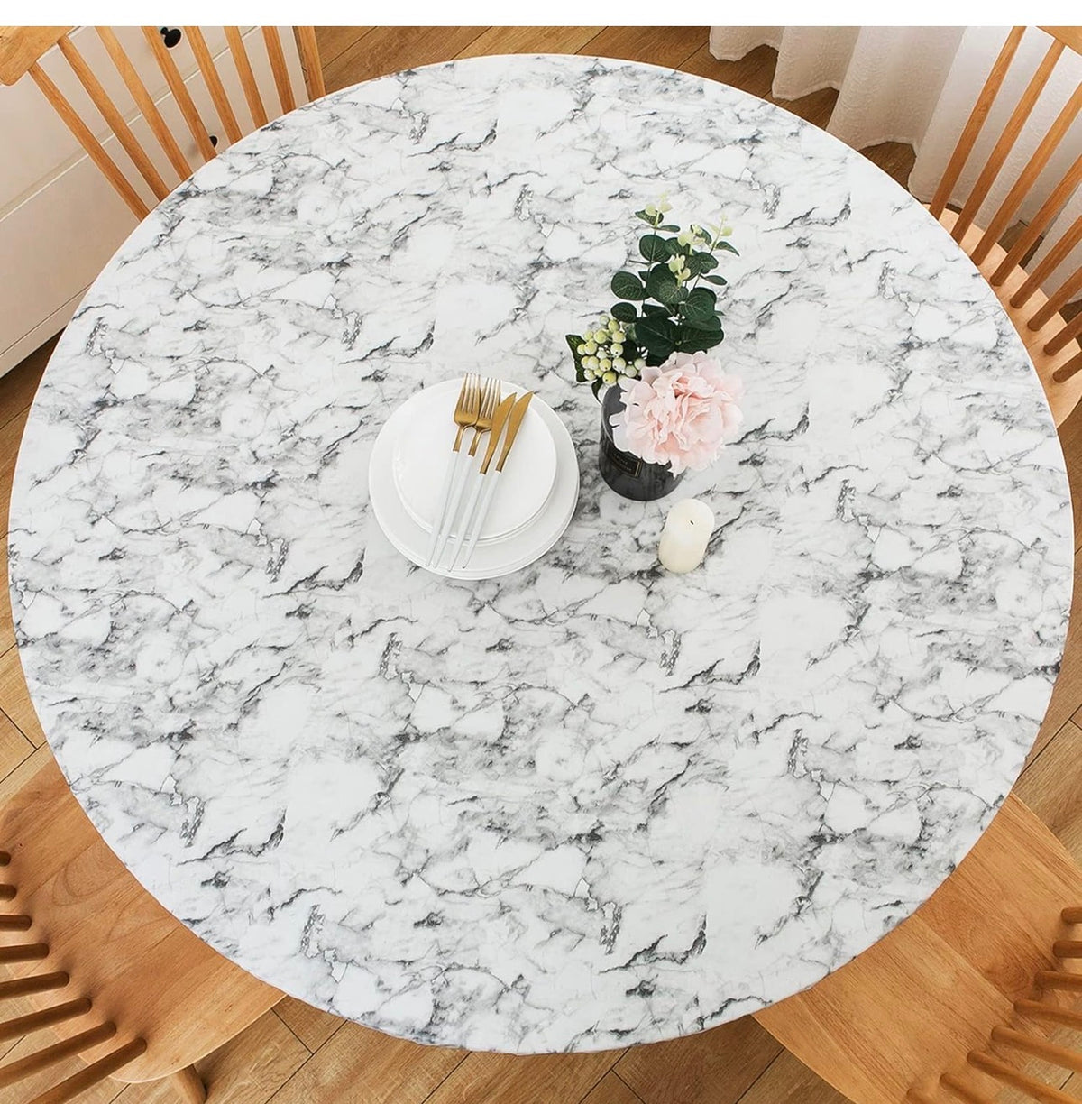 GRISHA Waterproof Round Tablecloth,Elastic Edged Fitted,Oilcloth,PVC,Wipeable,Outdoor circular plastic cover. (Grey Marble, 114x142cm)