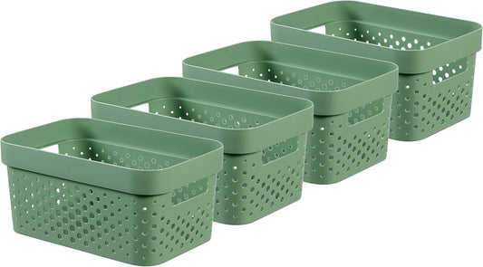 CURVER Infinity Dots Set of 3 Rectangular Storage Boxes, 100% Recycled Resin, Nestable & Multifunctional, 4.5 Litres, Green