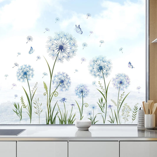 Blue Dandelion Flower Wall Decals Floral Butterfly Wall Stickers Self Adhesive Removable Wall Decor for Bedroom Living Room Sofa Backdrop TV Wall Window Glass Door Decoration