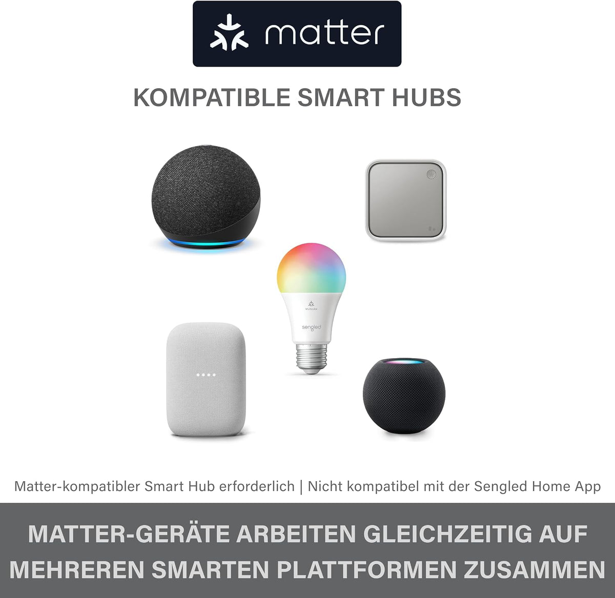 Sengled LED Smart Light Bulb (E27), Matter-Enabled, Multicolour, Works with Alexa, 60W Equivalent, 800LM, Instant Pairing, Matter-Compatible Platform Required, 2.4 GHz, Wi-Fi, 1-Pack
