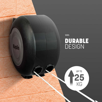 Keplin Retractable Washing Line – 30M Heavy-Duty Dual Clothesline, Automatic Retraction Wall-Mounted & Space-Saving Laundry Airer, Holds 15kg Easy Install, Indoor & Outdoor (30 Metres) Black