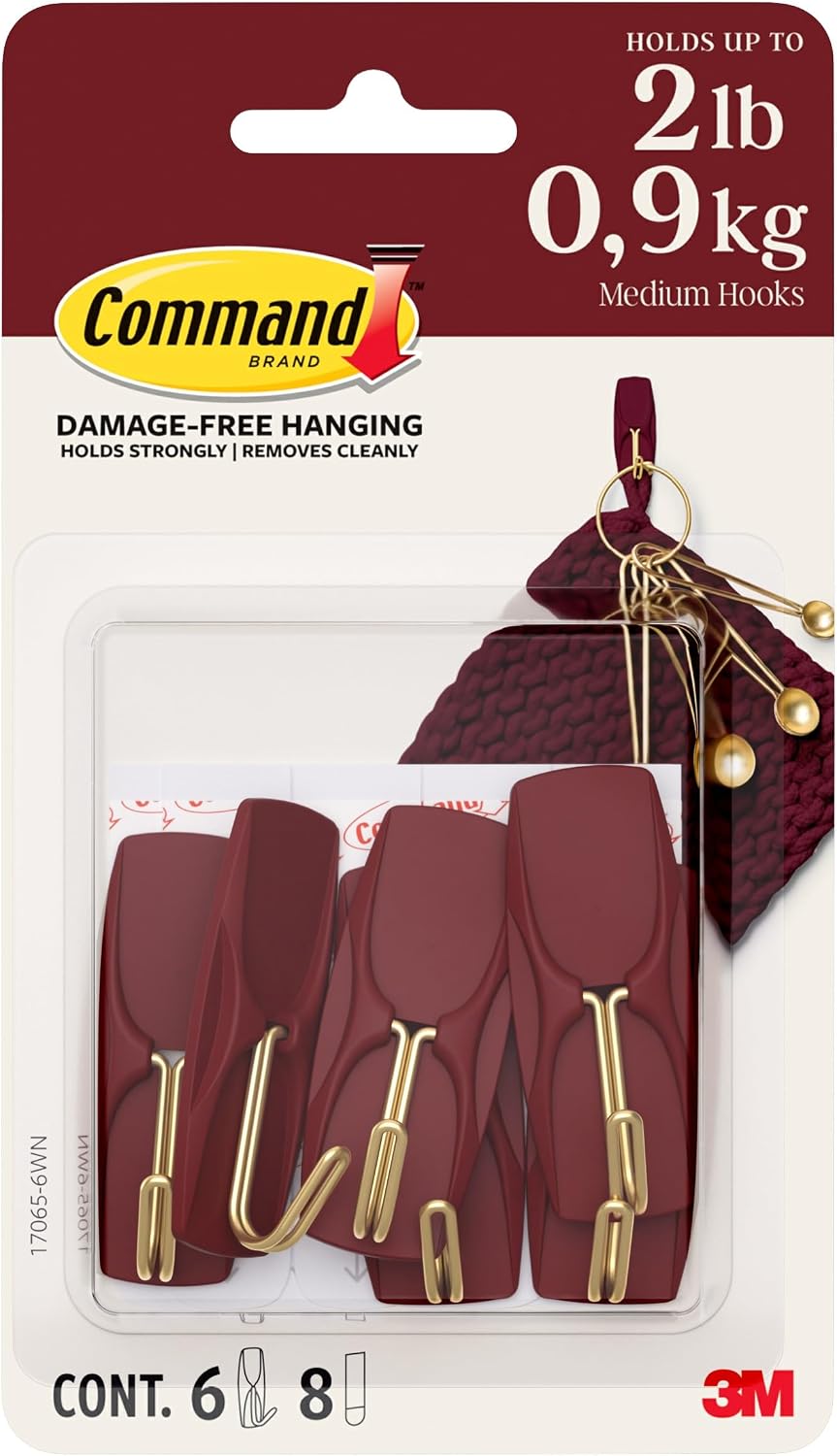 Command Medium Wire Hooks, 6 Light Brown Hooks and 8 Adhesive Strips