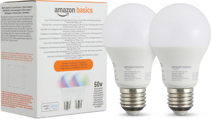 Amazon Basics Smart Multicolor LED Light Bulb, E27 Base, 8W (60W Equivalent), Works with Alexa Only, 2 Pack