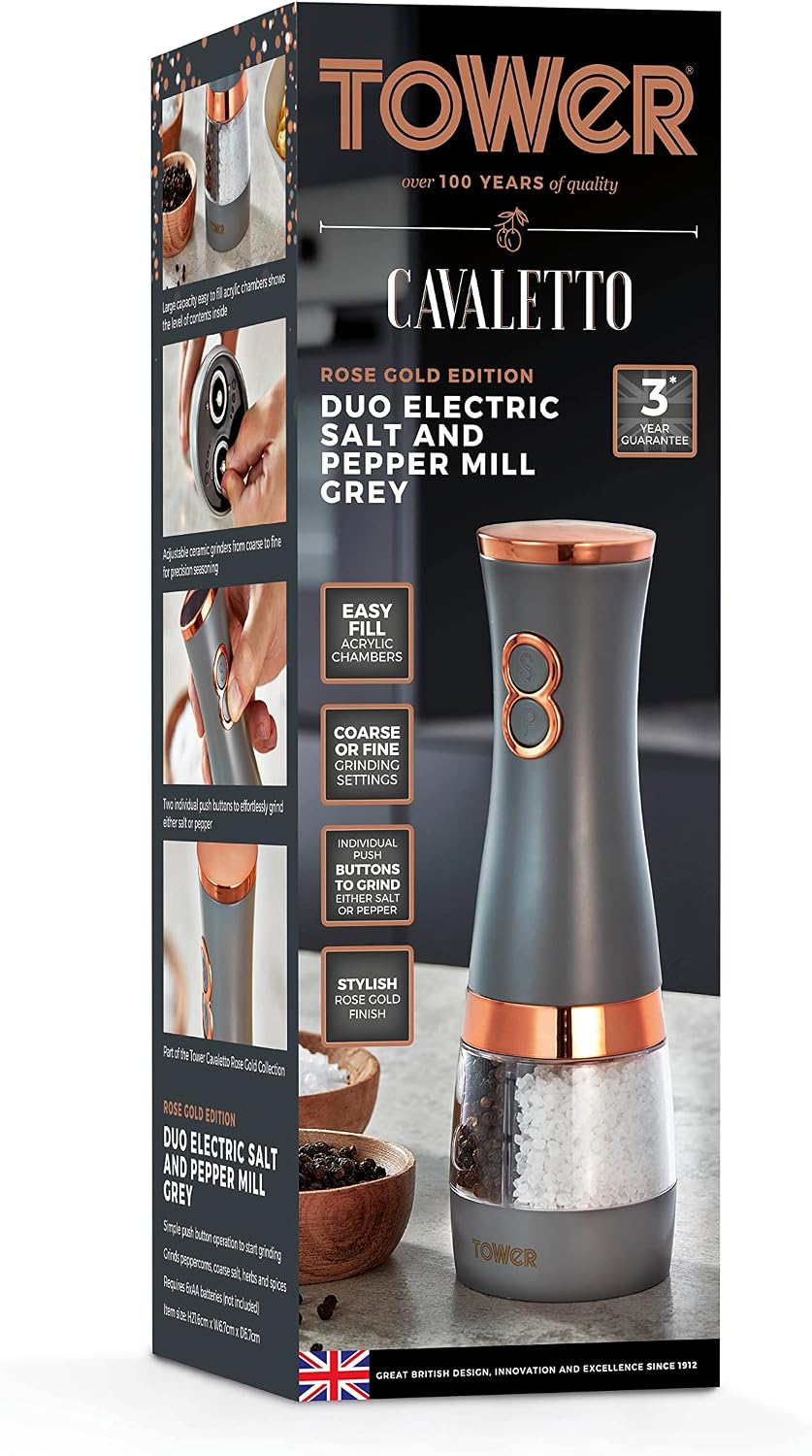 Tower Electric Salt and Pepper Mills, Battery Operated with Adjustable Ceramic Grinders, Grey and Rose Gold, T847004GRY