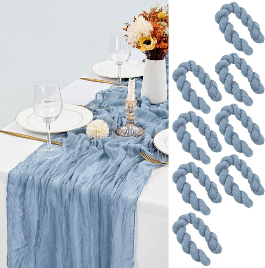 8 Pcs Dusty Blue Cheesecloth Table Runner 35"x120", 10FT Long Gauze Table Runner Boho for Wedding Reception Sheer Bridal Baby Shower Party Banquet Dining Table Decoration Tablecloth (90x300cm)