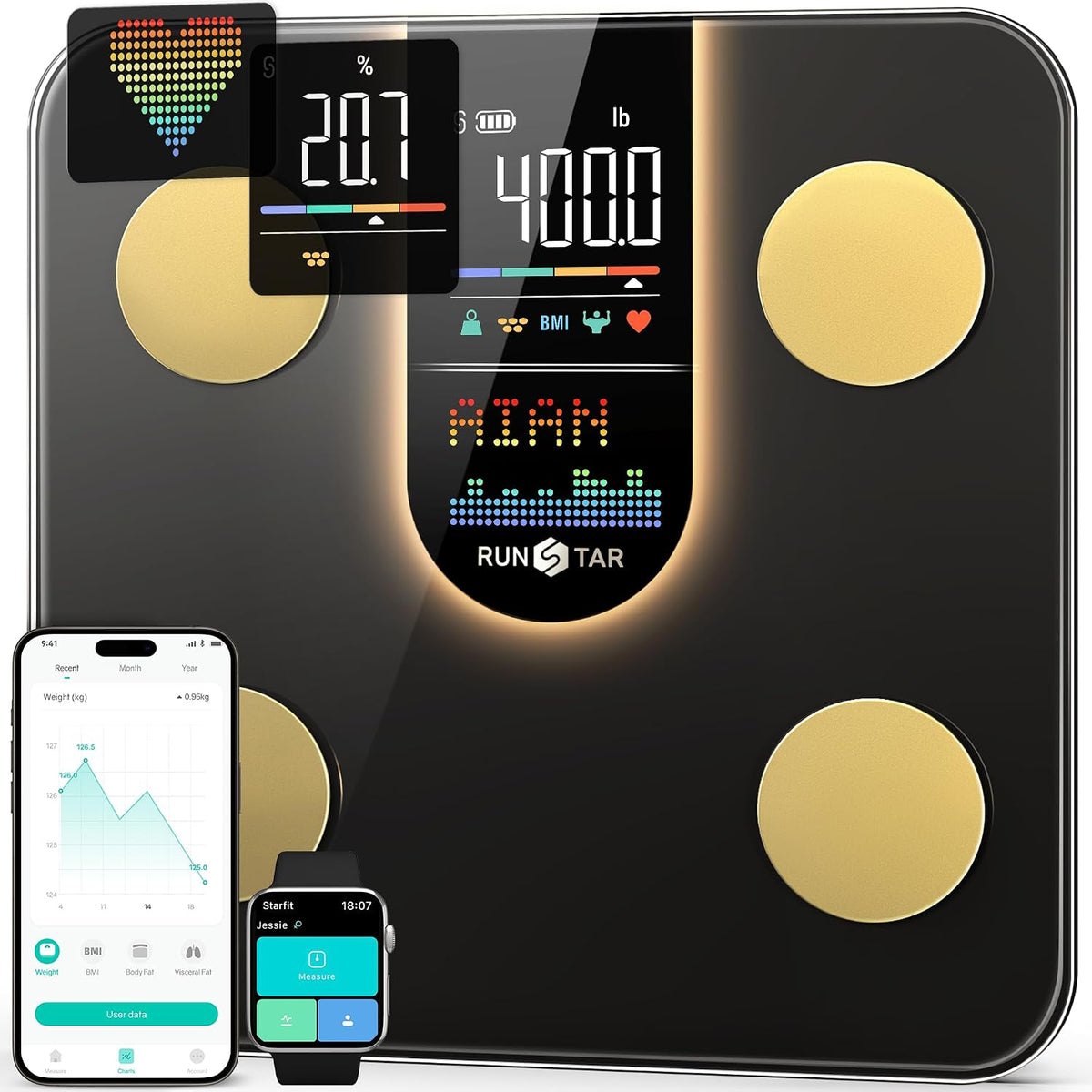 Runstar Scales for Body Weight, bathroom Scale with 8-in-1 VA Display, High Precision weighing Scale for Body Weight Heart Rate BMI Body Fat 22 Body Composition Sync APP, 400lb