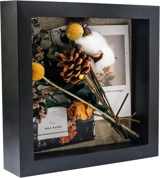 GraduatePro 9x9 Black Shadow Box Frame 23x23 cm Deep Picture Frame with Linen Back for Crafts 3D Deep Black Bouquet Flower Case Picture Memorabilia Memory Wooden Tabletop and Wall Hanging
