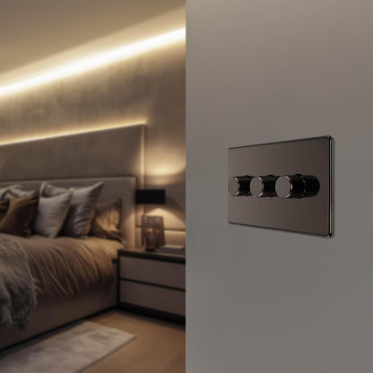 BG Electrical Intelligent Triple Wall Dimmer Switch, 2 Way, Screwless Front Plate, Premium Flatplate, Black Nickel, 200W, FBN83