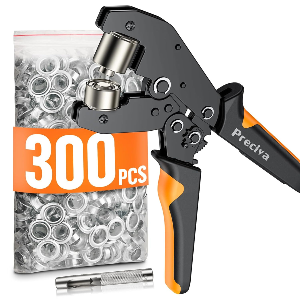 Eyelet Punch Kit,300 PCS of 10mm Grommets,Preciva Ratcheting Pliers Grommet Kit with Leather Hole Punch,Complete Eyelet & Grommet Kit for Tarpaulin Eyelets,Grommet Machine Hand Press Tool for PVC