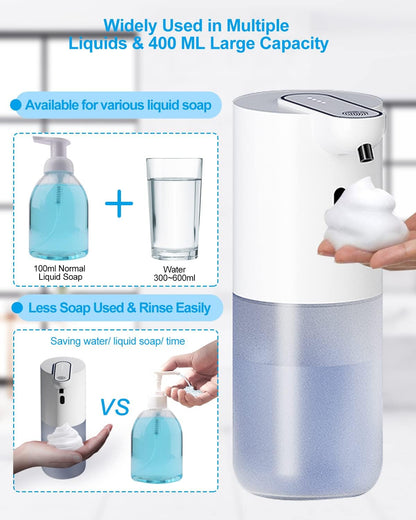 Automatic Soap Dispenser & 400 ML Rechargeable Non-Touch with 4 Adjustable Foam Quantity for Wall Mounting with Infrared Motion Sensor - Automatic Cleaning, White