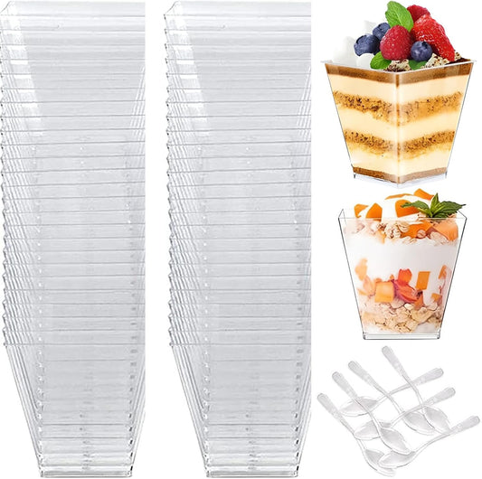 50 Pcs Mini Dessert Cups, with Spoons, 2oz/60ml Clear Square Cups, Reusable Cheesecake Pots for Pudding Mousse Ice Iream