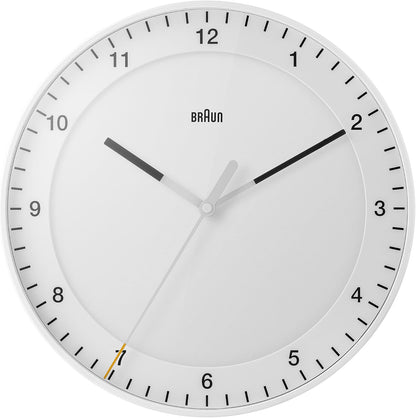 Braun Classic Large Analogue Wall Clock with Silent Sweep Movement, Easy To Read, 30cm Diameter in White, model BC17W.