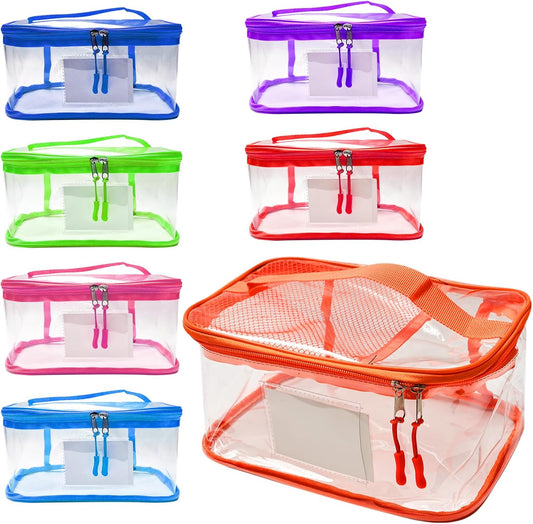 6 Pack Toy Storage Bags with Name Tag, 9.1x6.7x3.9 Inch Storage Bags with Zipper Travel Toiletry Bags Waterproof Toy Storage Organizer Reusable Clear PVC Organizing Case Bags