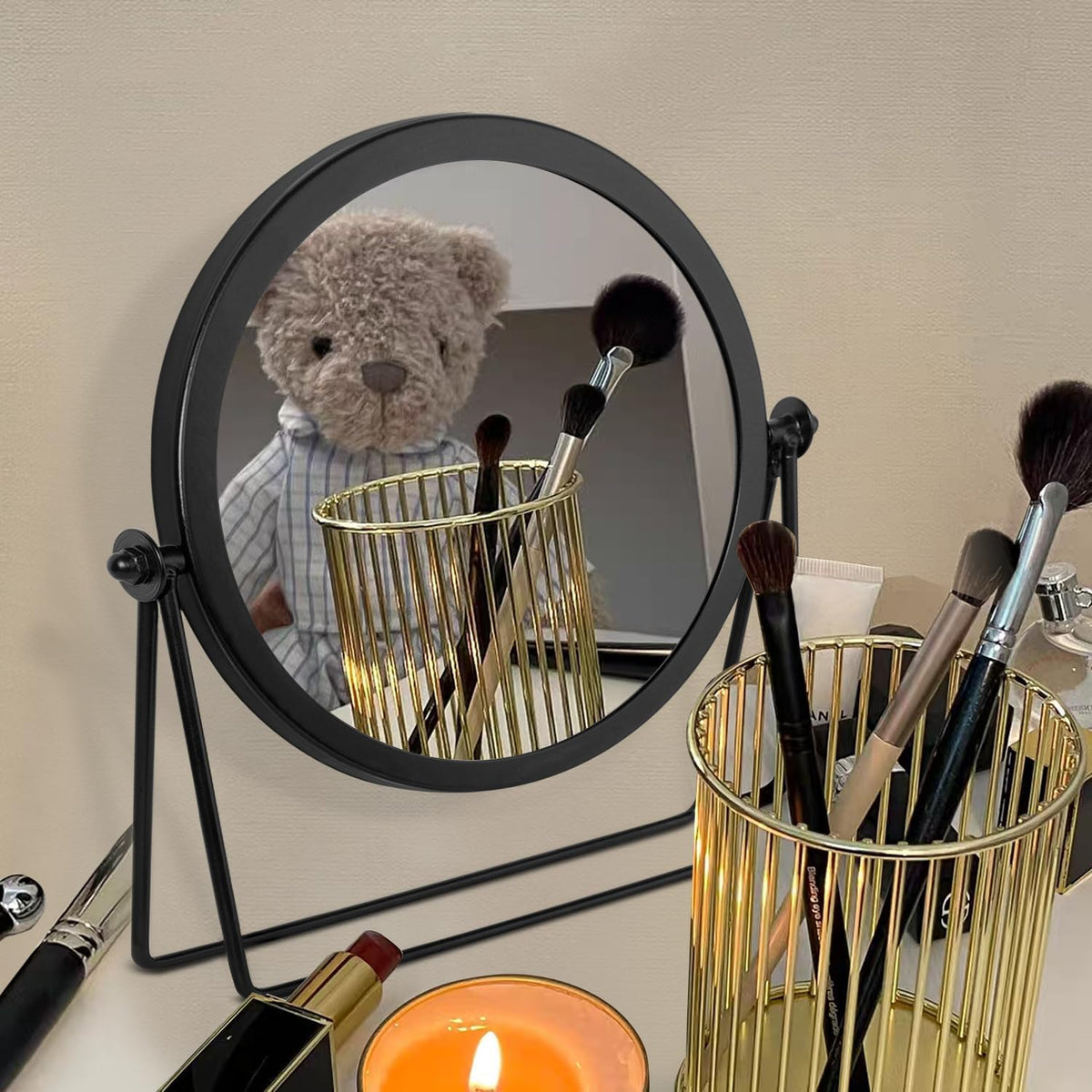 JJUUYOU Desk Mirror with Metal Framed Round Tabletop Mirror 360°Rotation Small Makeup with Stand Mirrors for for Office Dorm Room Cosmetic Black
