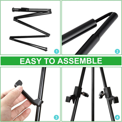 ASelected Display Easel Stand for Wedding Sign, Portable Folding Easel Floor Art Easel, Adjustable 160cm Tall Metal Poster Easel, Collapsible Tripod Easel with Plastic Clips, Black