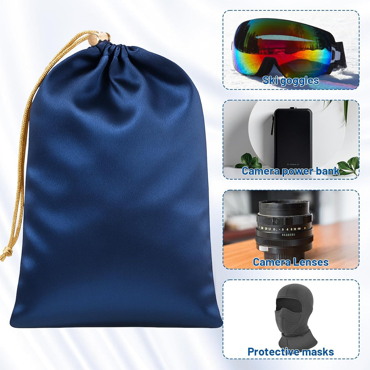 Soft Satin Drawstring Pouch, 6 Pcs Adjustable Jewellery Gift Bag Storage Soft Storage Bags Adult Toy Storage Bags for Women Men Couples Toy Underwear Cosmetic Sunglasses Travel Camping, 3 Sizes (Blue)