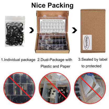 720Pcs Bolts and Nuts Set,M3 M4 M5 M6 Button Head Machine Screws,ISO 7380 Allen Screws,Black Hex Bolts and Washers Set 10.9 Grade Alloy Steel Fully Threaded with 4 Allen Key.