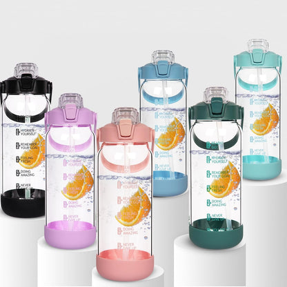 1.5l Glass Water Bottle with Straw & Motivational Time Markings 1.5 litre Large Leakproof Gym Drinking Bottle