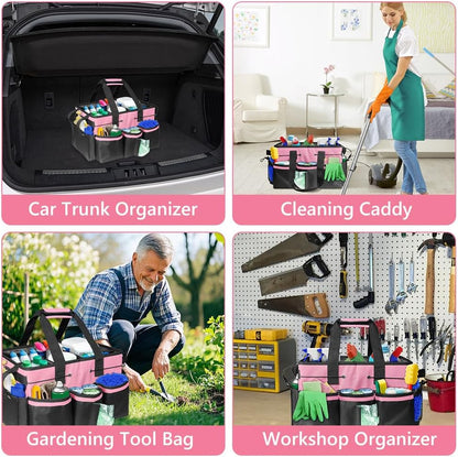 Cleaning Caddy with Handle, Professional Cleaning Bag with Detachable Divide, Adjustable Shoulder Strap & Waist Belt, Large Cleaning Caddy for Cleaning Supplies, Home, Car, Garden, Craft (Pink)