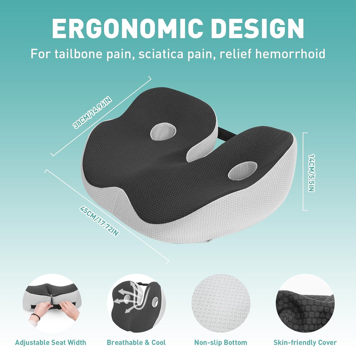 Car Cushion for Long Sitting Sciatica & Back Pain Relief, Memory Ergonomic Seat with Adjustable Straps Support for Driving, Office Chair, Pressure Relief & Comfort Cushion - Black, 48 x 39 x 14cm