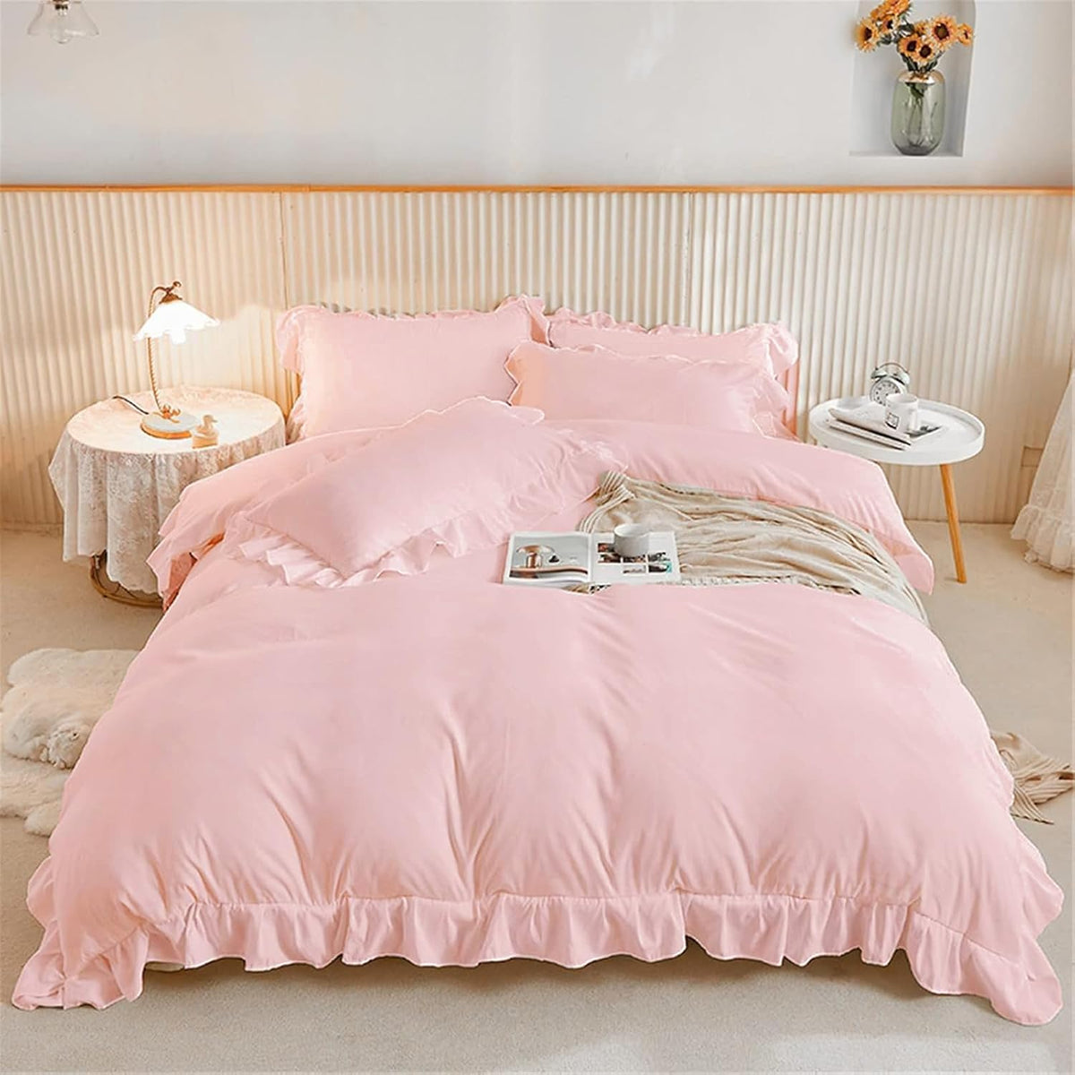 2 Pieces Single Pink Ruffle Bedding Set Ruffle Frills Duvet Cover Set Soft Microfiber Duvet Cover 135 x 200 cm
