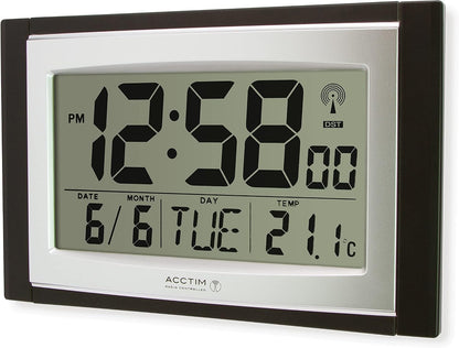 Acctim Stratus radio controlled digital wall and desk clock with LCD display showing date day and temperature, battery powered kitchen or office clock with tabletop or wall mounting in black