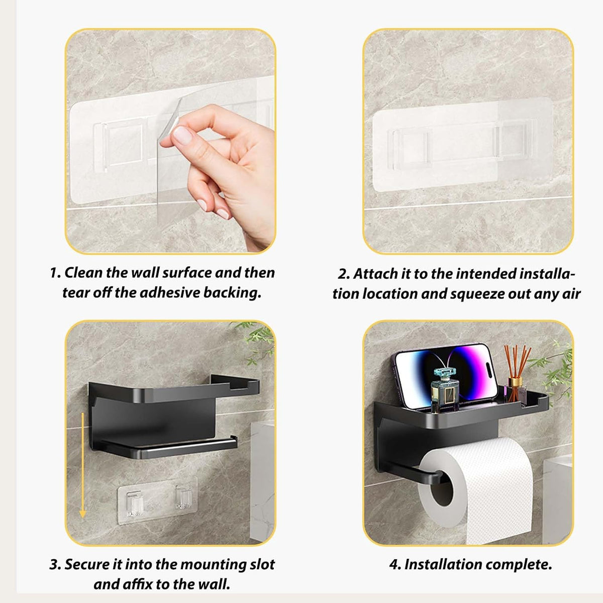 Self Adhesive Toilet Roll Holder with Shelf, No Drill Toilet Paper Holder with 2 Hooks, Space Saving Bathroom Accessories for Toilets, Kitchen, WC, Black
