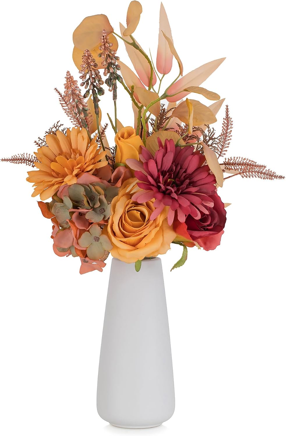 BLOSMON Autumn Flowers Artificial in Vase: Fall Fake Flower Bouquet in Vases for Table Centrepieces - Orange Red Faux Silk Arrangements Home Party Decorations