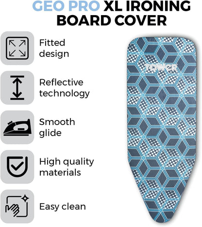 Tower Geo Pro Ironing Board Replacement Cover for T873001BLK, Reflective Technology, 100% Cotton, Fitted Design, Black