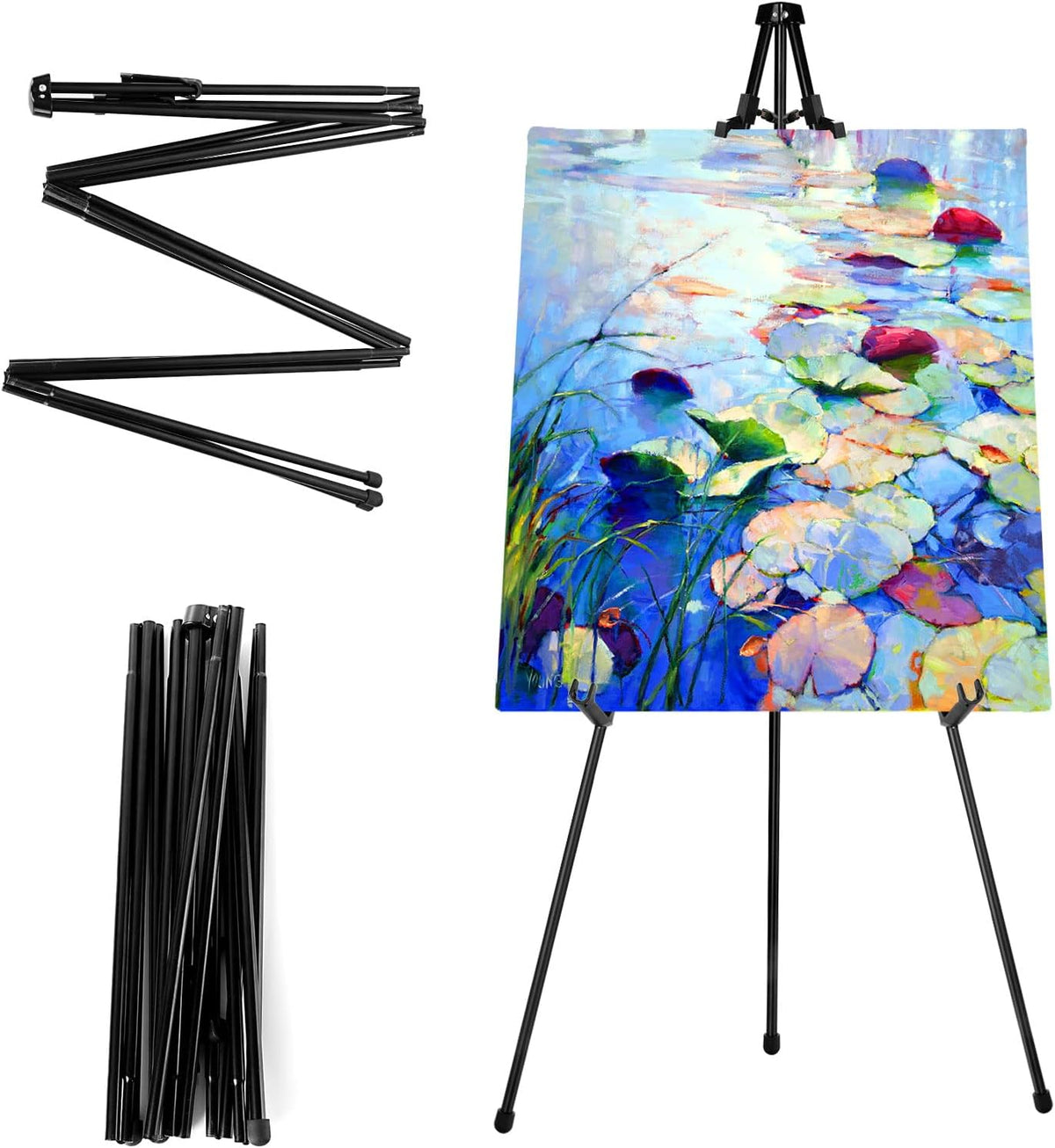 ASelected Display Easel Stand for Wedding Sign, Portable Folding Easel Floor Art Easel, Adjustable 160cm Tall Metal Poster Easel, Collapsible Tripod Easel with Plastic Clips, Black