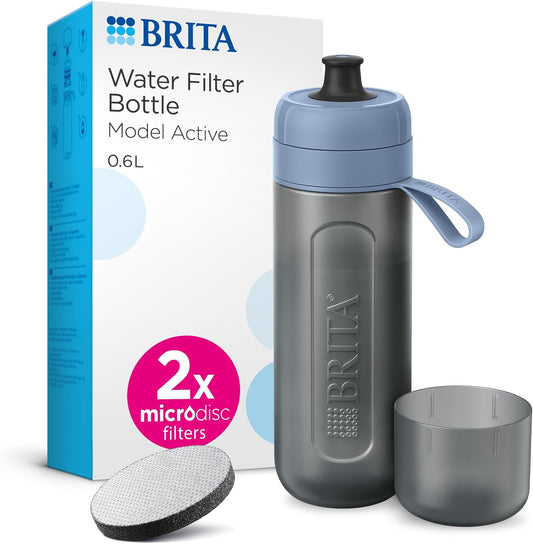 BRITA Sports Water Filter Bottle Model Active (600ml), 2x MicroDisc Filters