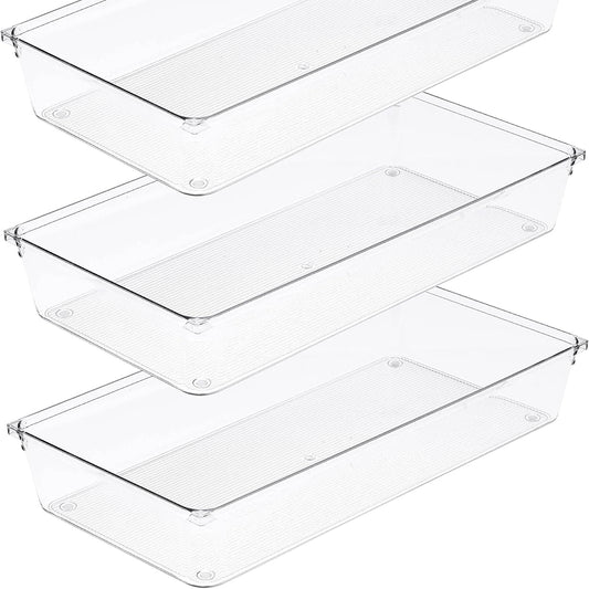 Amtido 2 Pack Drawer Organisers - Sturdy Clear Plastic Storage - Versatile Storage for Kitchen Cutlery, Bathroom, Utensils, Makeup, Office, and Desk Accessories (15.2cm x 30.5cm x 5.1cm)