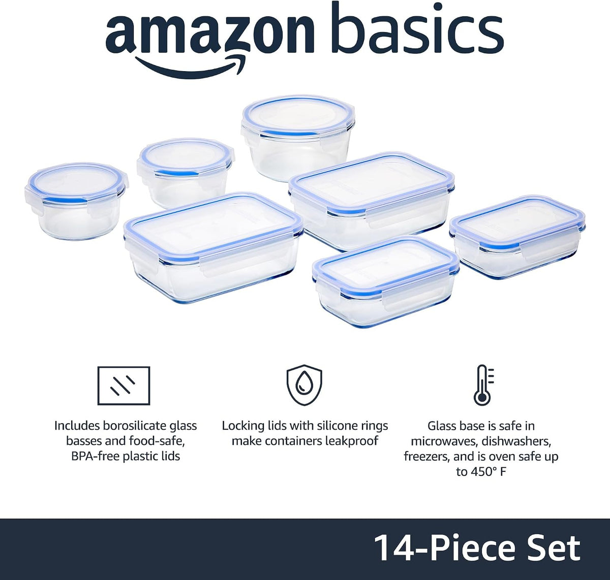 Amazon Basics Leak-Proof Glass Locking Lids Food Storage Containers, 14-Piece Set, 7 Count of Bases and 7 Plastic Lids, Clear, Blue, BPA Free
