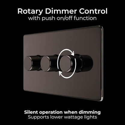 BG Electrical Intelligent Triple Wall Dimmer Switch, 2 Way, Screwless Front Plate, Premium Flatplate, Black Nickel, 200W, FBN83