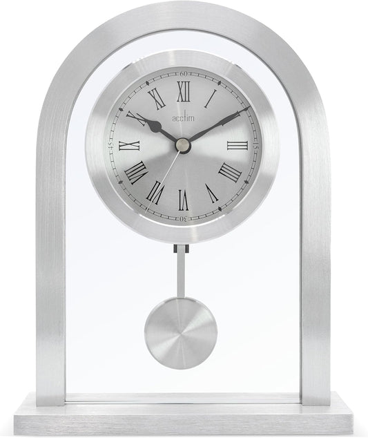 Acctim Bathgate Modern Mantel Clock with Pendulum, Brushed Metal Silver Carriage Clock for Living Room, Glass Mantelpiece Clock with Roman Dial, Elegant Fireplace Shelf Clock
