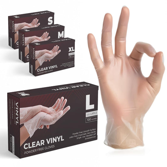 Vinyl Multi-Purpose Gloves, Powder Free, Disposable, Extra Strong - Box of 100 - Clear
