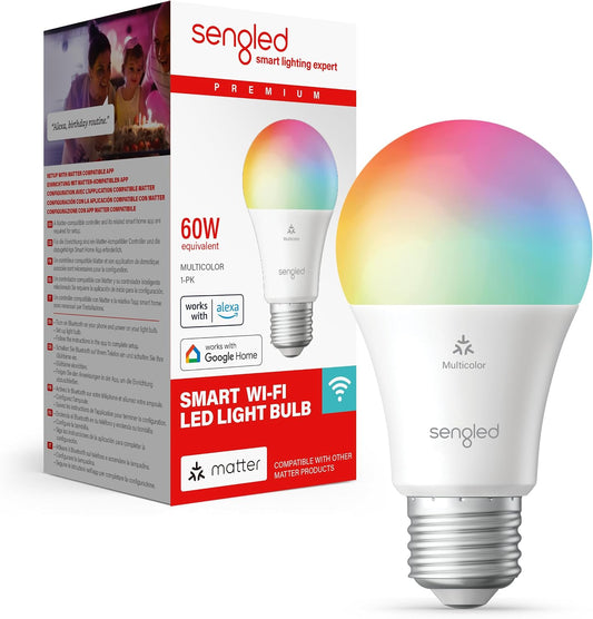 Sengled LED Smart Light Bulb (E27), Matter-Enabled, Multicolour, Works with Alexa, 60W Equivalent, 800LM, Instant Pairing, Matter-Compatible Platform Required, 2.4 GHz, Wi-Fi, 1-Pack