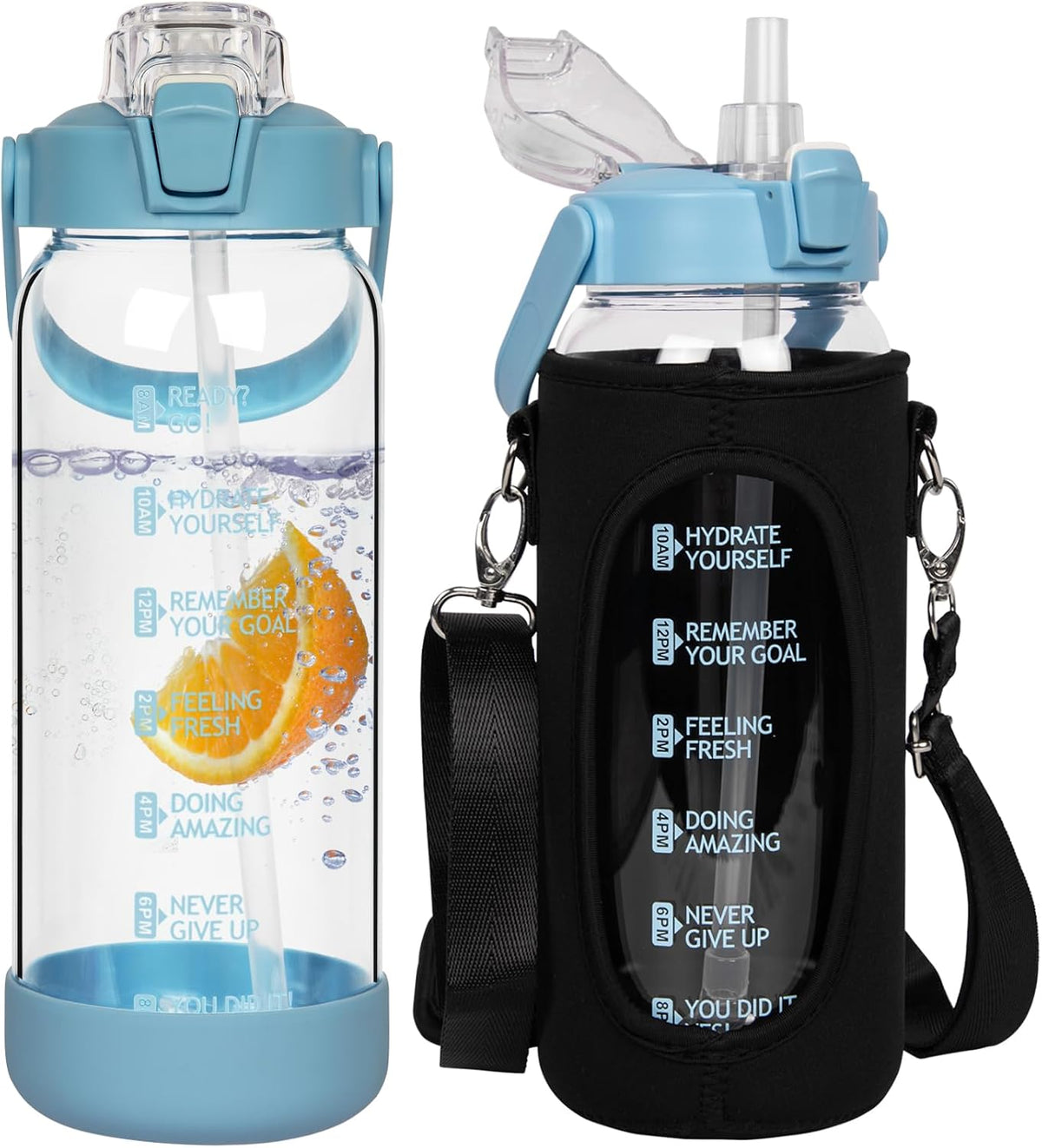 1.5l Glass Water Bottle with Straw & Motivational Time Markings 1.5 litre Large Leakproof Gym Drinking Bottle