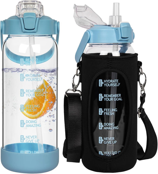 1.5l Glass Water Bottle with Straw & Motivational Time Markings 1.5 litre Large Leakproof Gym Drinking Bottle